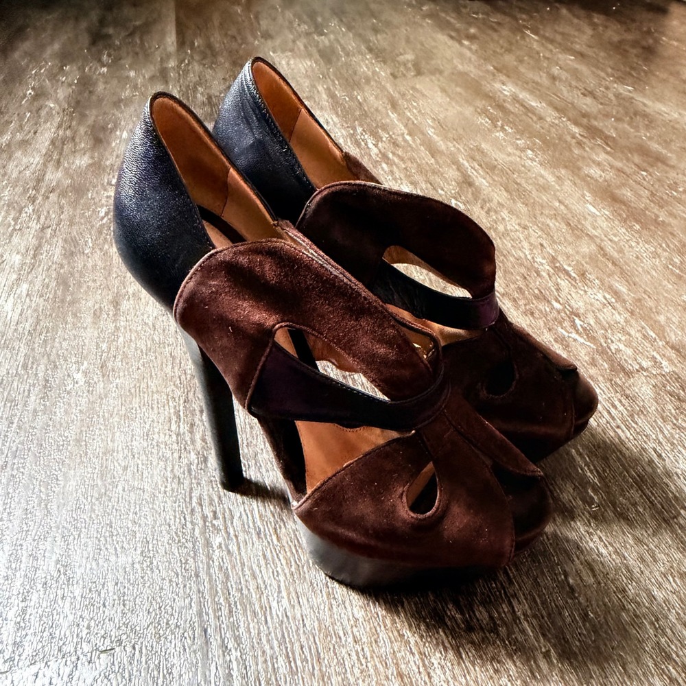 Fendi Platform Heels Womens 36.5 Brown Suede Black Leather Peep Toe Cutout Italy